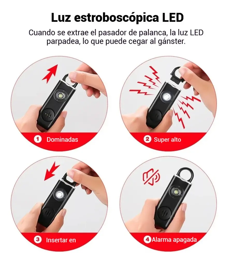 Alarma Personal Multifuncional Y Luz Led Estroboscópica,Seguridad Con Alarma, Carga Type-c